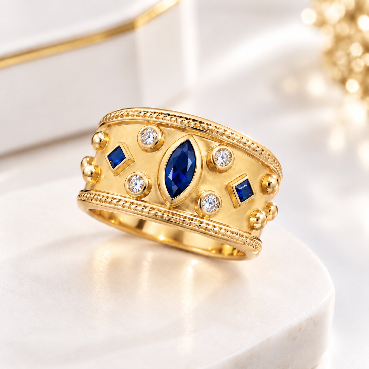 Anel com diamantes e pedras azuis Ourivesaria Carlos Alberto