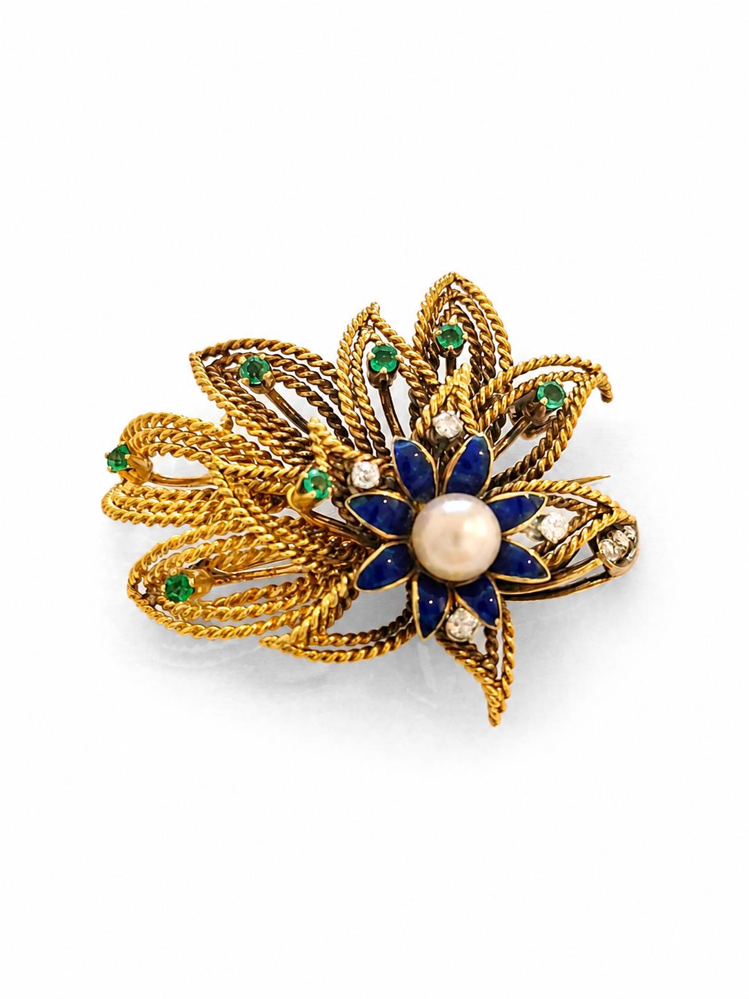 Alfinete peito com diamantes e pérola , esmaltado e com pedras verdes Ourivesaria Carlos Alberto