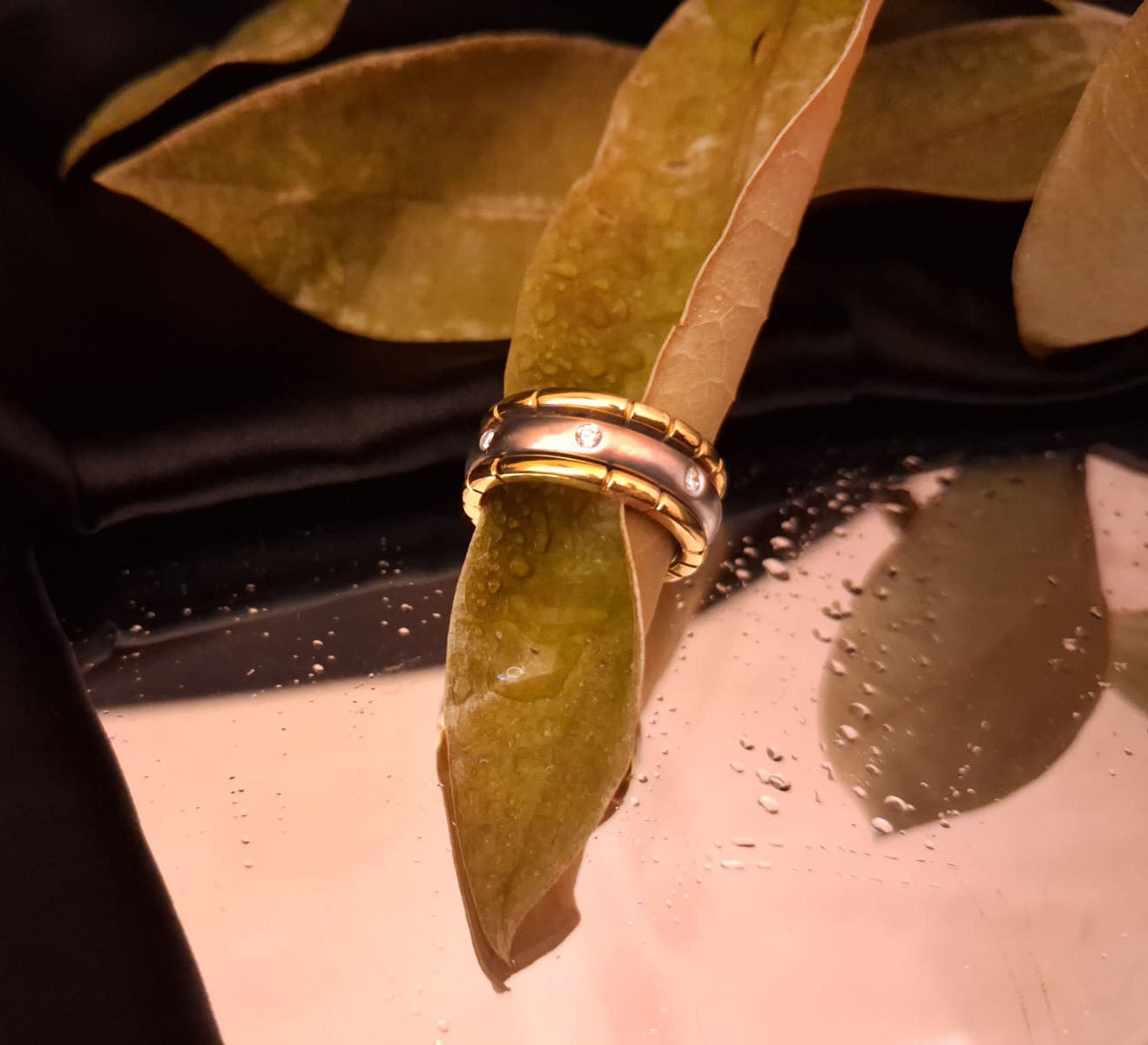 Anel ouro branco e amarelo c/diamantes- tipo aliança Ourivesaria Carlos Alberto