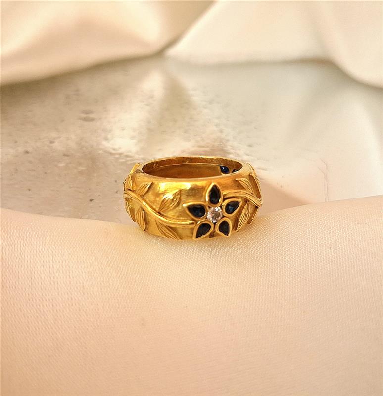 Anel de ouro c/flor (pedras azuis e 3 diamantes) Ourivesaria Carlos Alberto