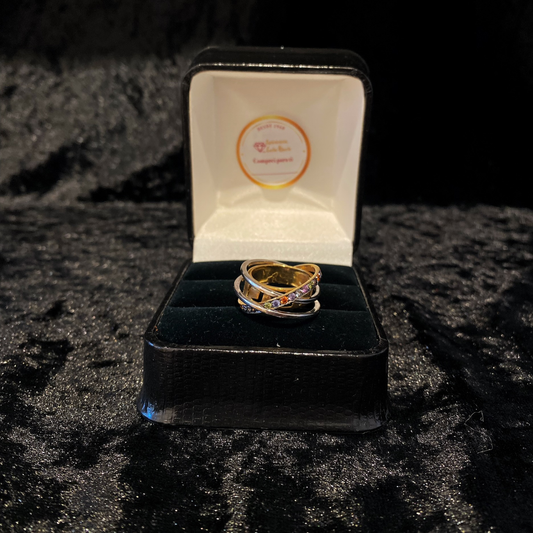 Anel ouro branco e amarelo com pedras de cor Ourivesaria Carlos Alberto