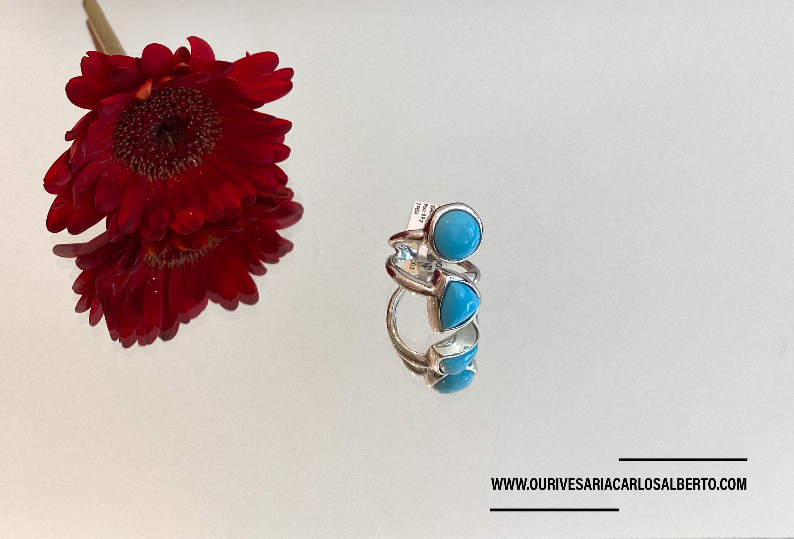 Anel em ouro branco com pedras turquesas Ourivesaria Carlos Alberto